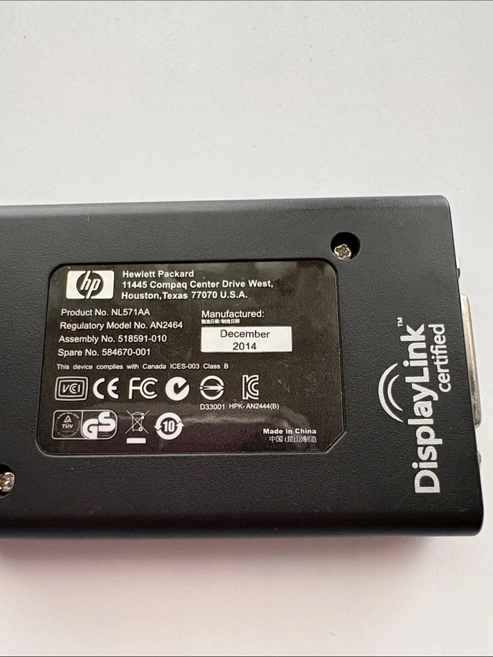 Original HP NL571AA USB 2.0 External Graphics Adapter USB to DVI-I Model AN2464